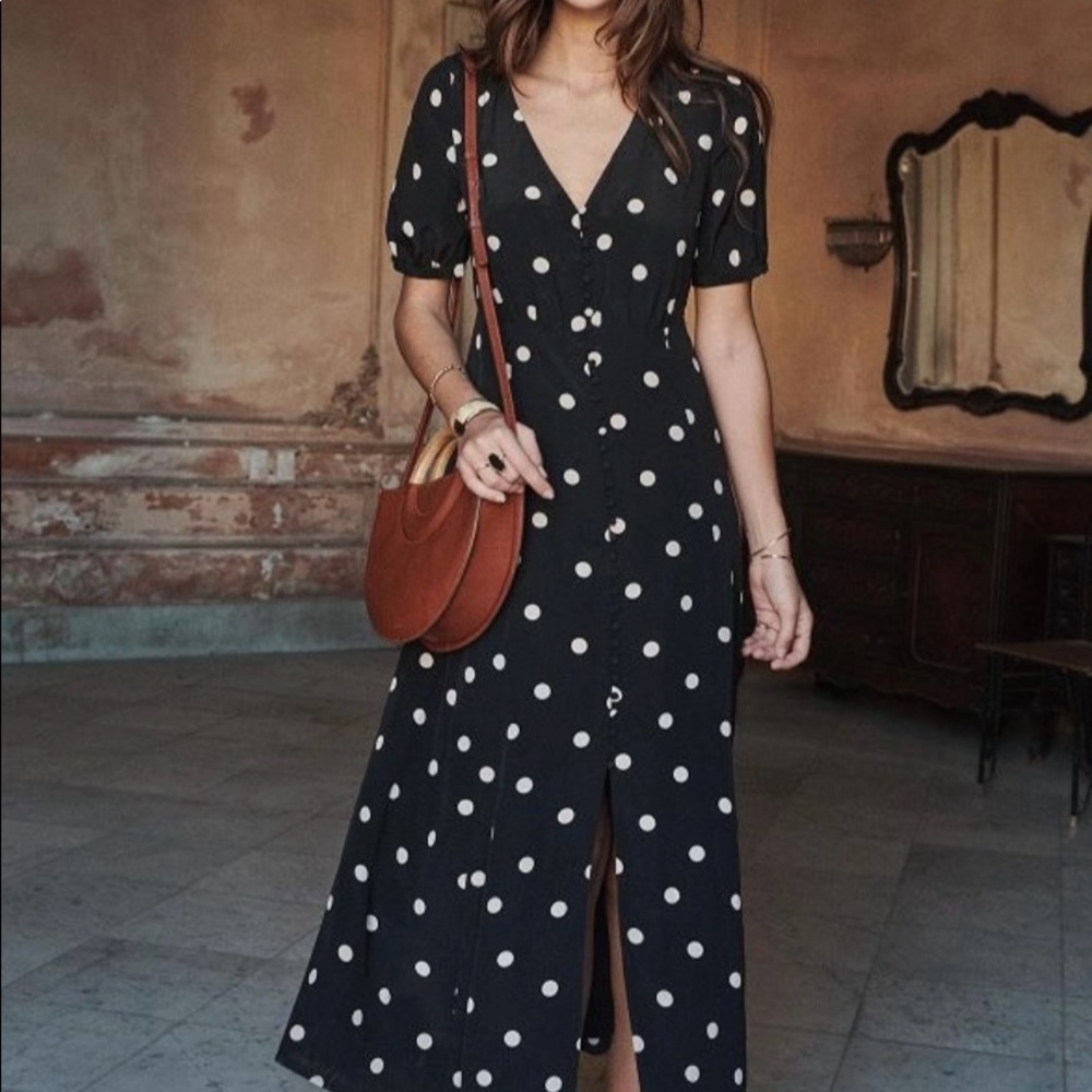 Sezane Sollie Silk Midi Dress Sz 36 Dark Gray Polka Dot